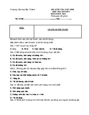 Đề kiểm tra học kì II Khoa học lớp 4 - Năm học 2016-2017 - Trường Tiểu học Mỹ Thành